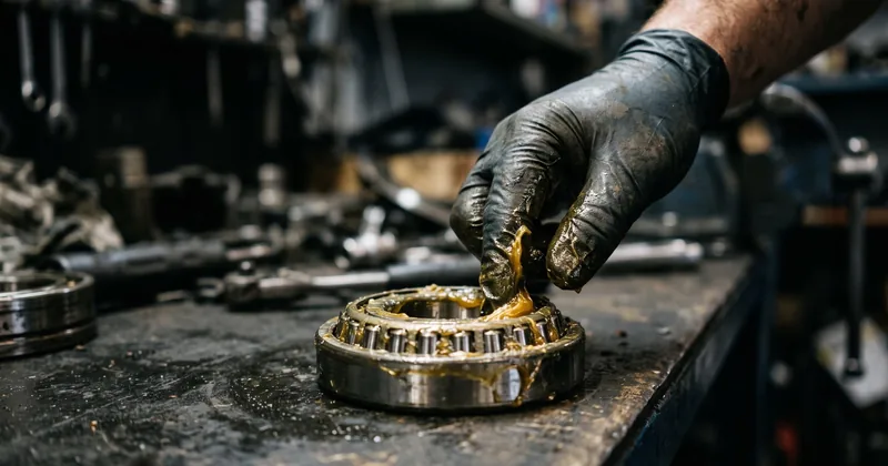 Mechanic’s gloved hand packing golden grease into a steel wheel bearing
