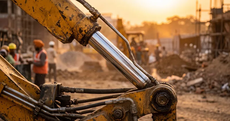 Chrome hydraulic rams on the arm of a yellow backhoe loader at an Indian construction site