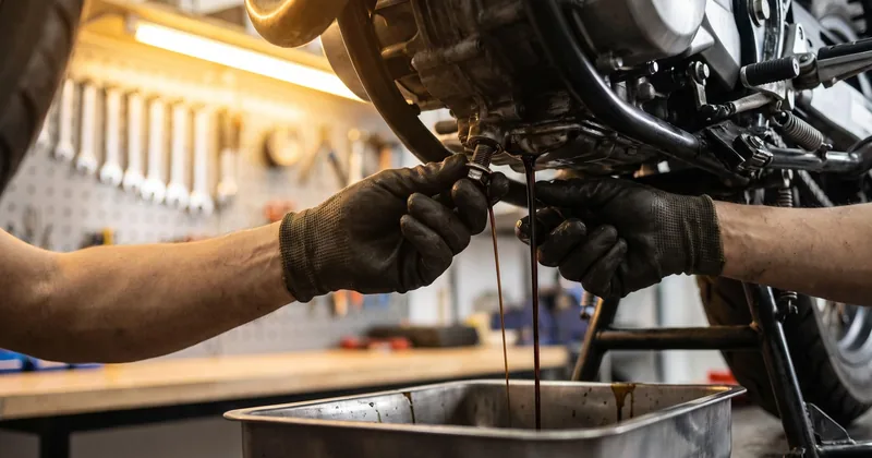 Mechanic draining used engine oil from a motorcycle engine into a drain pan