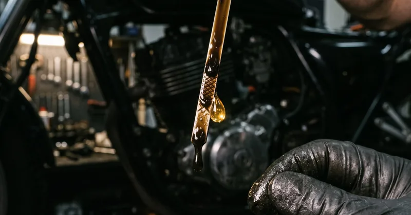 Engine oil dripping from a dipstick during a motorcycle oil check