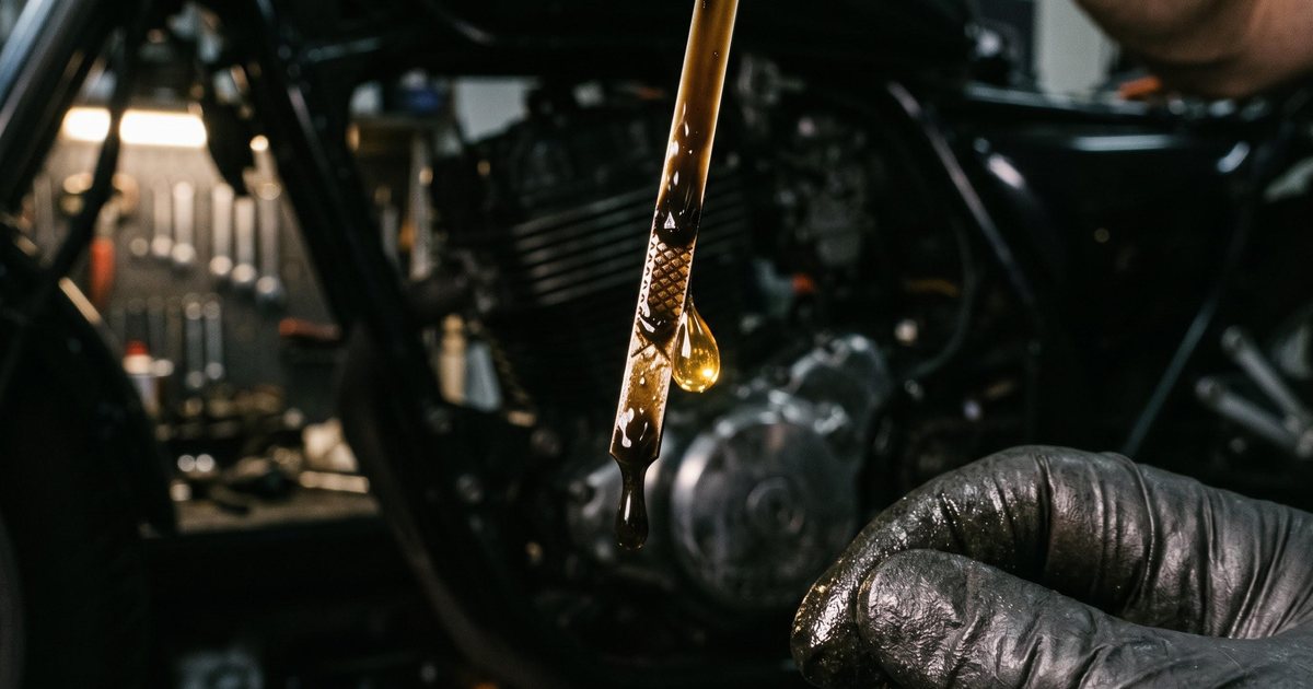 Engine oil dripping from a dipstick during a motorcycle oil check