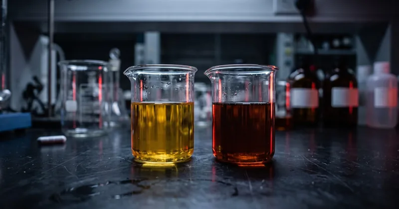 Two laboratory beakers comparing golden synthetic oil and darker mineral engine oil