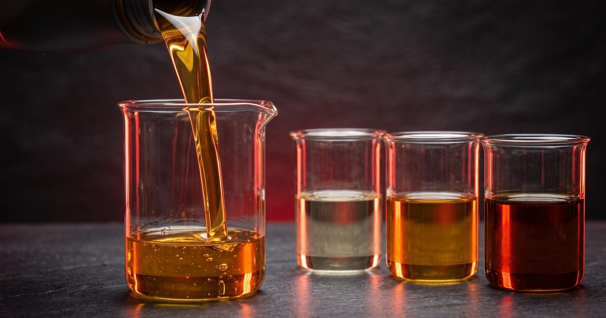 Golden engine oil pouring into beakers of thin, medium and thick viscosity oil