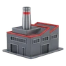 Compact modern factory building in graphite with a chimney and red roof accents