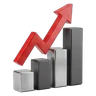 Rising 3D bar chart with a red arrow pointing up