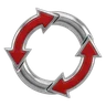 Two chrome curved arrows chasing each other in a circle