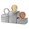 Three-step winners podium with gold, silver and bronze medals on it