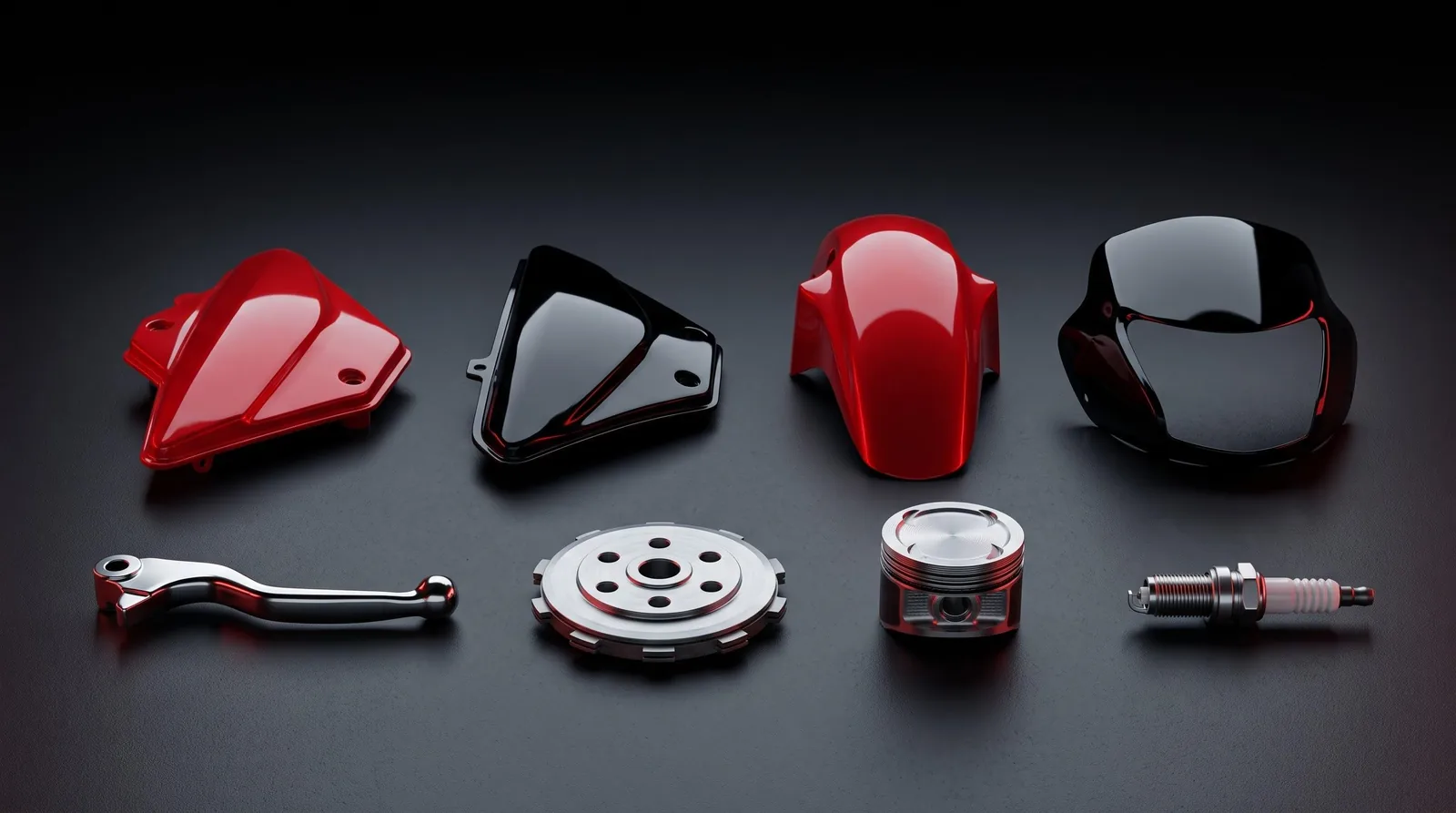 Two-wheeler and three-wheeler spare parts: body panels, mudguard, headlight visor, brake lever, clutch plate, piston and spark plug
