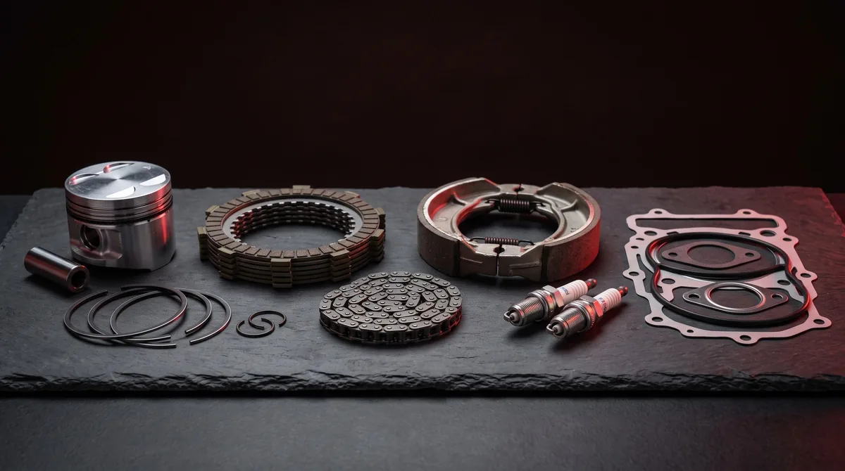 Engine and brake spares: piston with rings, clutch plates, drive chain, brake shoes, spark plugs and gasket set