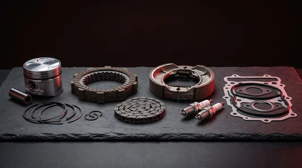 Engine and brake spares: piston with rings, clutch plates, drive chain, brake shoes, spark plugs and gasket set