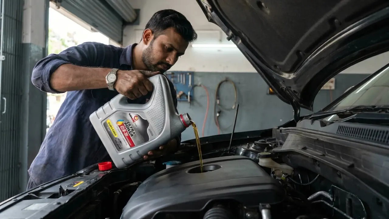 Mechanic pouring MAXX-LUBE ULTRA POWER engine oil into a car engine in a workshop